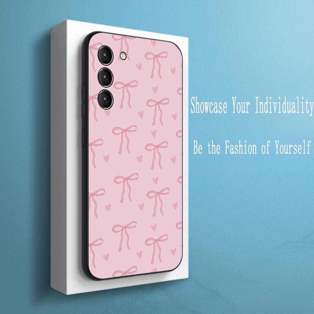 Bow Cute Pink Girly Cartoon Design Phone Case For Samsung Galaxy S26 S25 S24 S23 S22 S21 Plus Ultra Note20 Soft Black