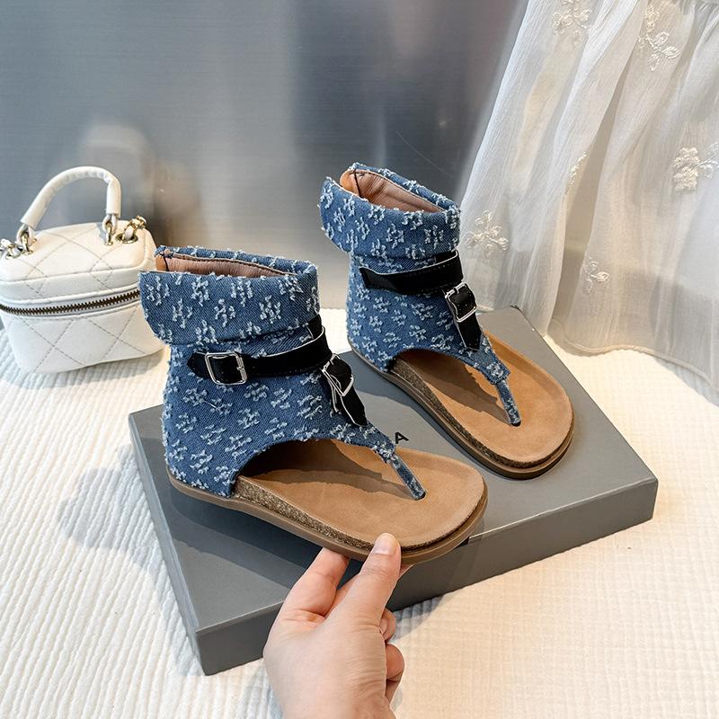 

Fashion Retro Girl Sandals 2025 Summer New Kid Boots Simple Versatile Girl Roman Sandals Anti Slip Child Denim Boot Zapatos Niña 26insole16.4cm синий