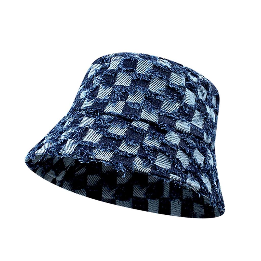 Popular Checked Plaid Denim Bucket Hat For Women Summer Tropical Beach Panama Bob Caps Outdoor Sunshade Fisherman Hat TravelGift