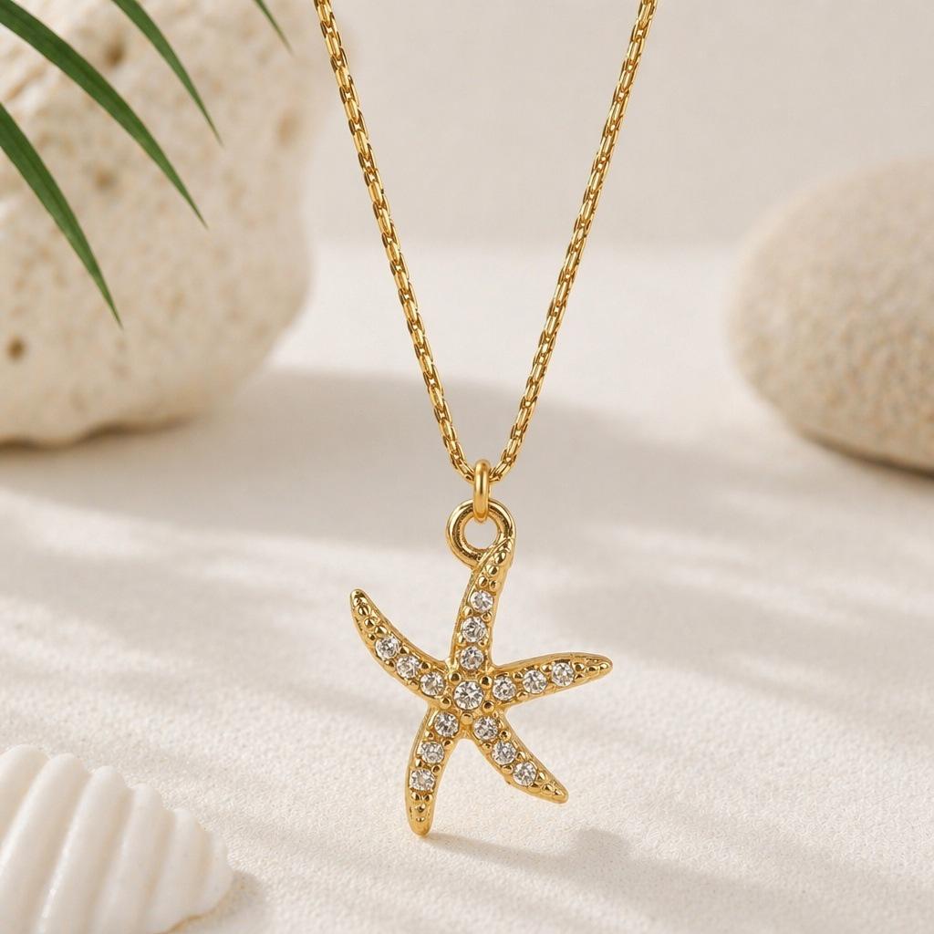 Women's 18K Gold Plated Stainless Steel Necklace with Zircon Inlaid Starfish - European and American Ocean Style