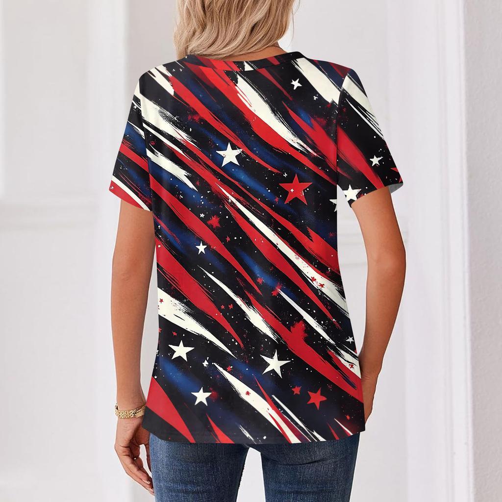 Damski modny, swobodny, krótki rękaw, nadruk, okrągły dekolt, bluzka typu pullover