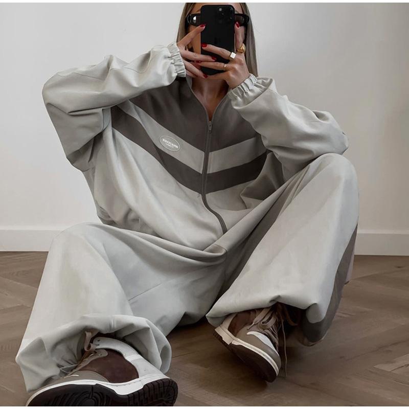 Zestaw dwuczęściowy Jumper na wiosnę i jesień Damska kurtka z długim rękawem i zamkiem błyskawicznym + Spodnie sportowe w stylu hip-hop z naszywkami Luźny damski strój