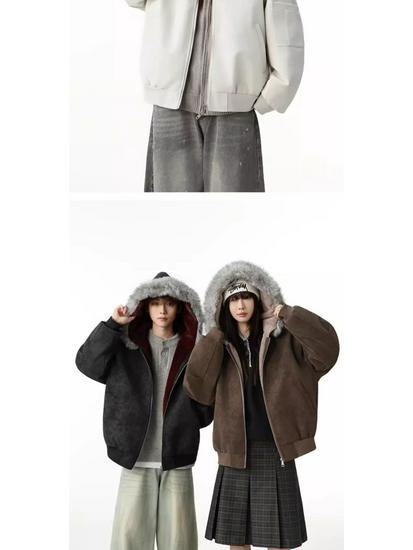 Unisex Double-Sided Wear Snow Eagle Fur Collar Hooded Jacket - Warm Cotton Autumn/Winter Plus Velvet Couples Design