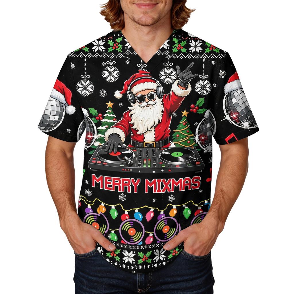 Men's Caregiver Uniform Top with Christmas Print Short Sleeve V-Neck and Pockets