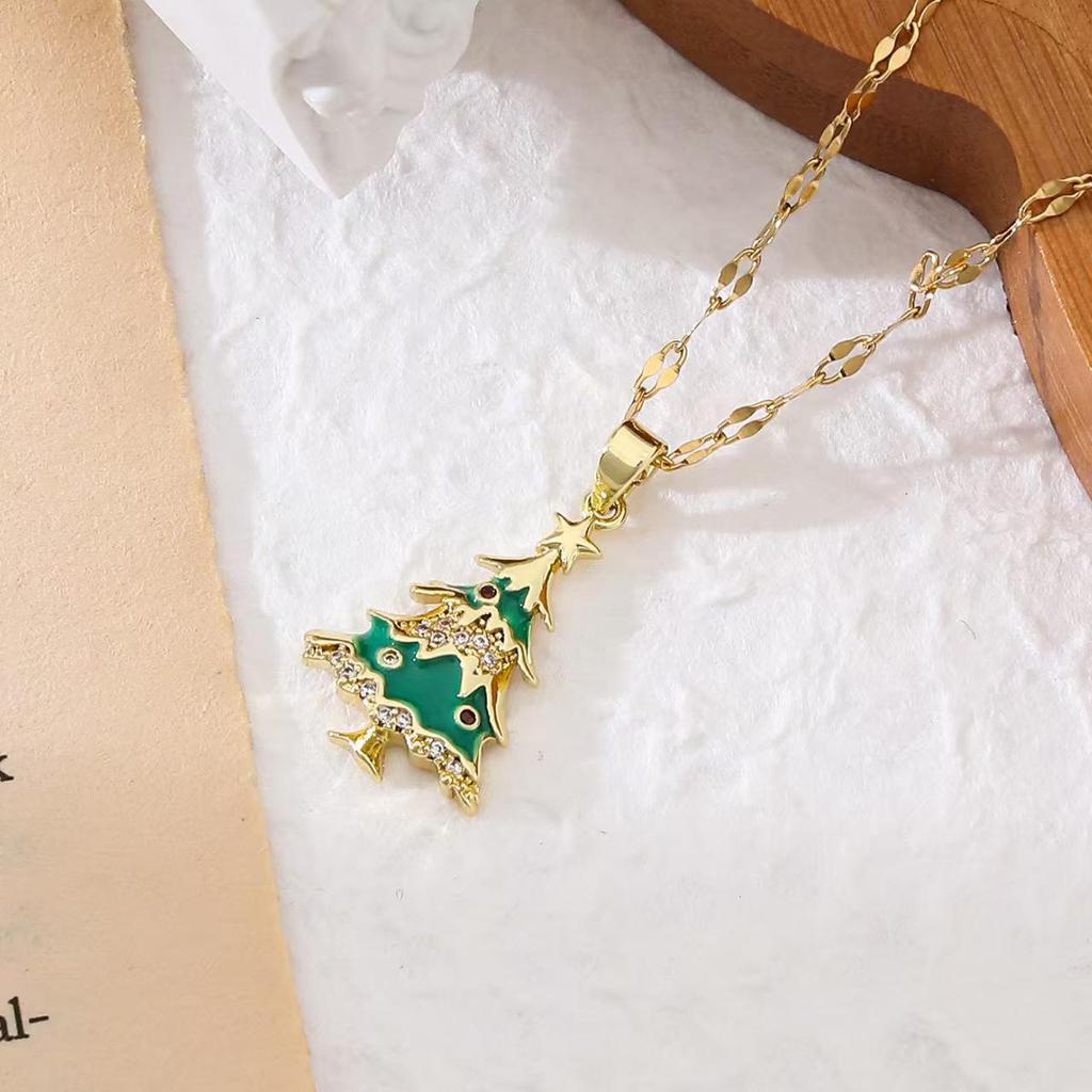 Popular Christmas Series Necklaces: Santa Claus, Peace Tree, Holiday Element Micro-Paved Drip Oil Pendant