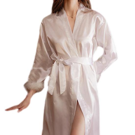 Nachthemd für Damen, Kunstpelzbesatz, verstellbare Taille, Krawatte, Satin, V-Ausschnitt, Kunstseide, einfarbig, Nachtwäsche für Partys, Hochzeiten, Braut, Brautjungfer, Morgenmantel