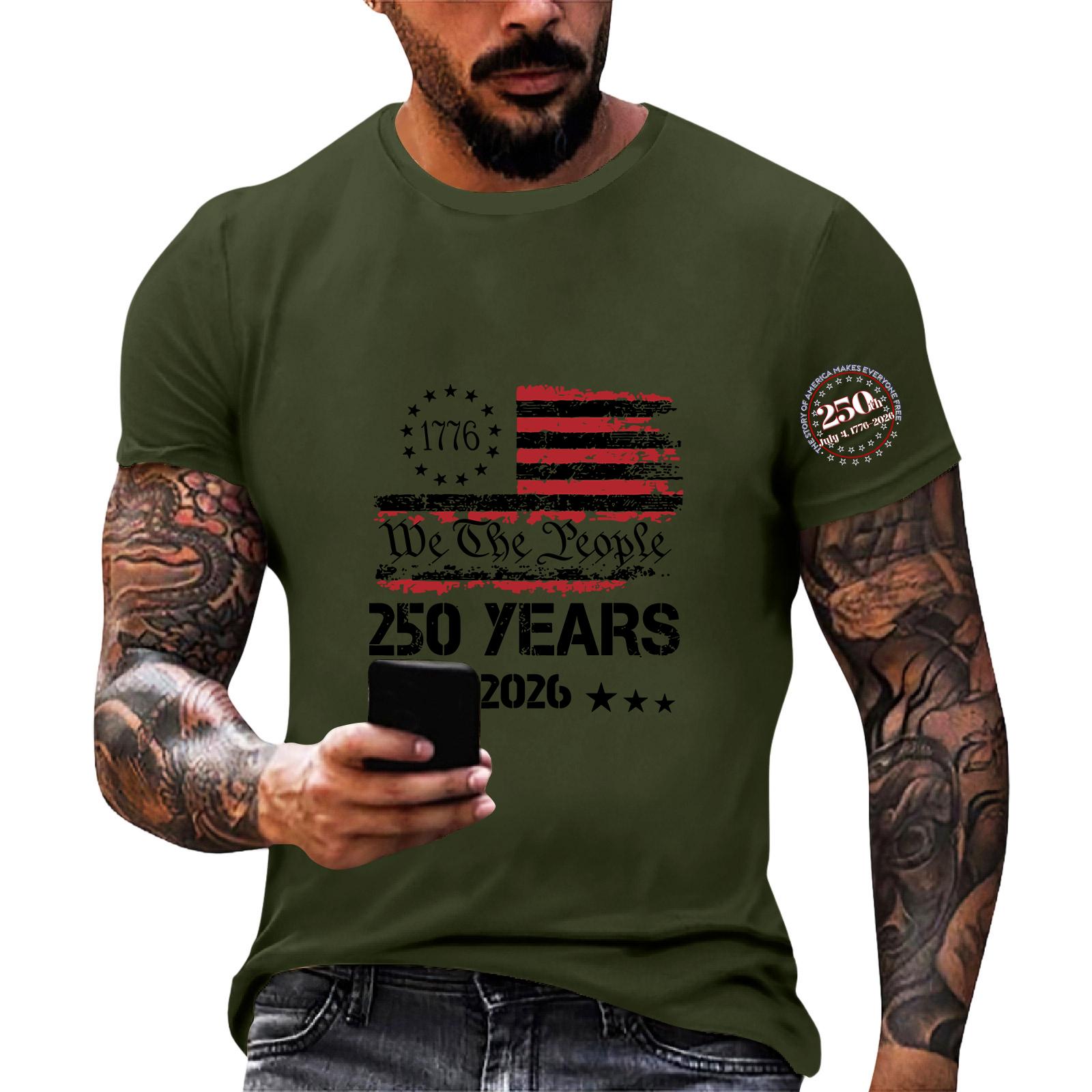 

Men’s Short Sleeve Crew Neck T Shirt with 250 Years 2026 Flag Print Classic Fit Soft Cotton Casual Top for Everyday Wear S