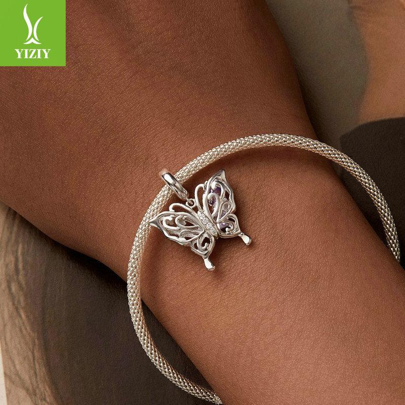 Vintage Hollow Butterfly Diy Pendant Accessories, Purple Love S925 Sterling Silver Bracelet Beaded