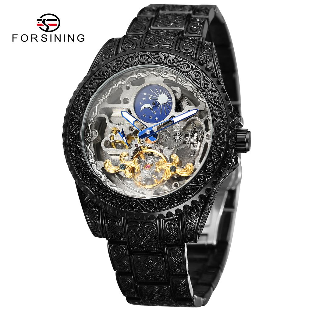 Forsining 378A Skeleton Vintage Style Men's Automatic Mechanical Watch Engraved Case & Band Life Waterproof Business Elegant