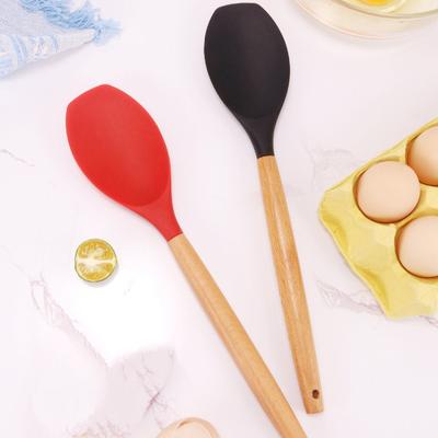 Silicone Cooking Scoop Spatula with Wood Handle Heat Resistant - For Salad Mixing Pot Cooking Nonstick Pans Kitchen Utensils