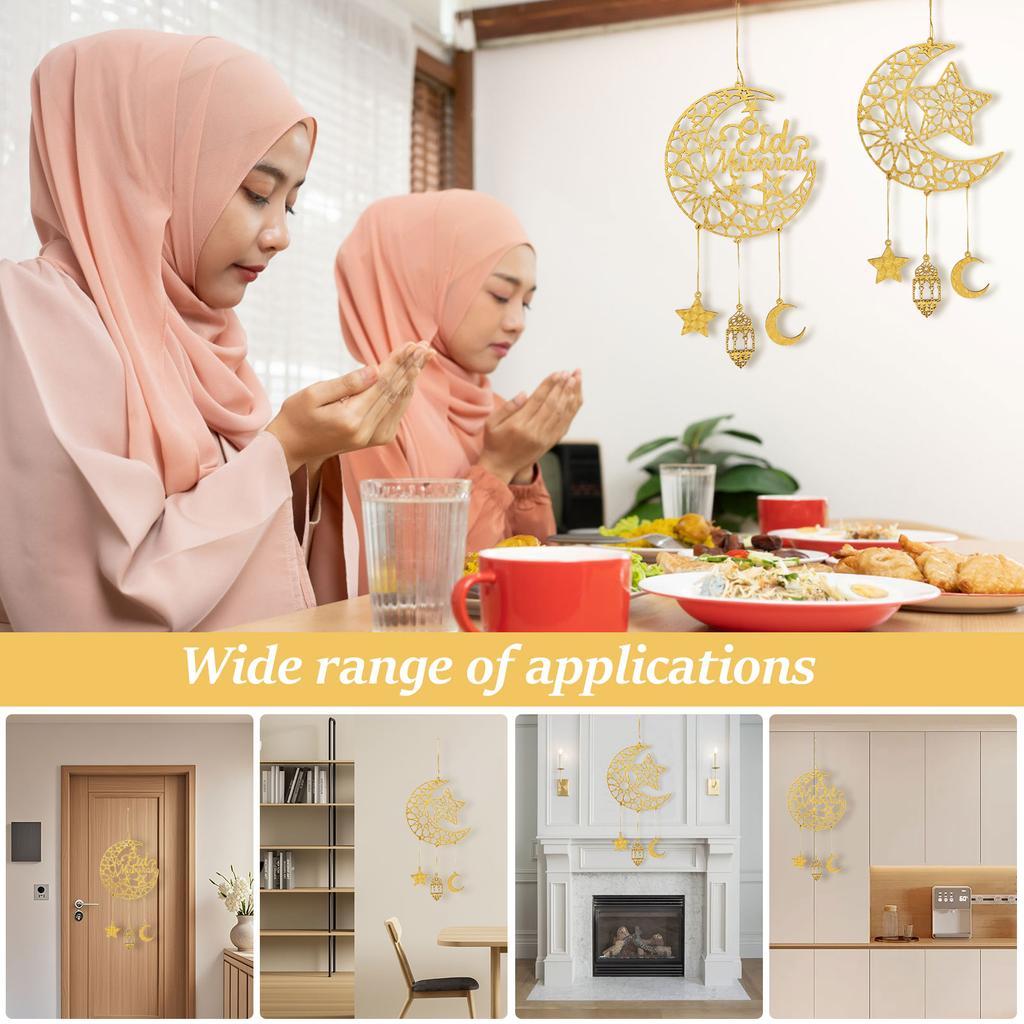 2Pcs Wooden Gold Tone Hollow Star Moon Door Sign for Banquet Theme Party Classic Moon Hanging Decorations With Rope