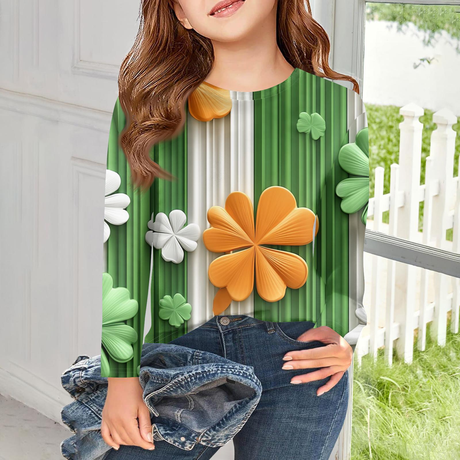 

Футболки с длинным рукавом для девочек, детские осенние топы, базовые футболки с принтом и круглым вырезом, День святого Патрика 120