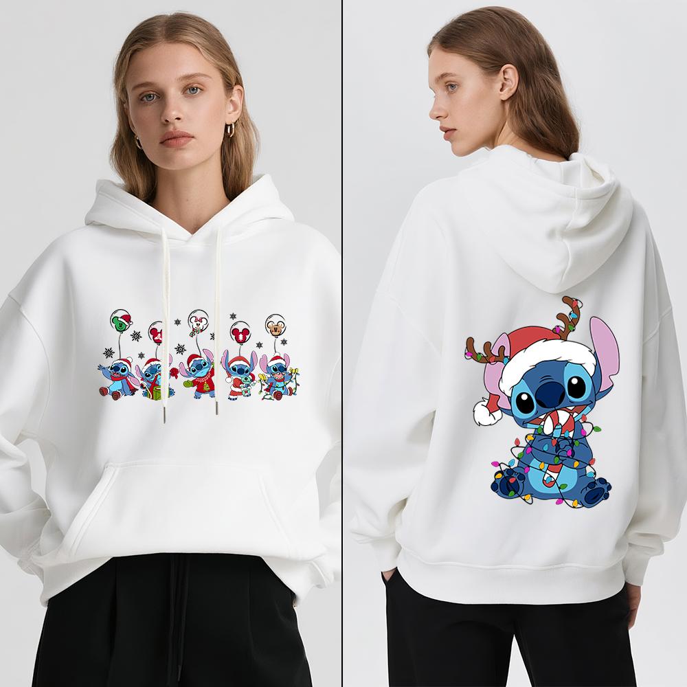 Disney Stitch Christmas Print Women Fleece Hoodie Winter Warm Pullover Casual Holiday Travel Party Outfit Soft Cozy Sweatshirt