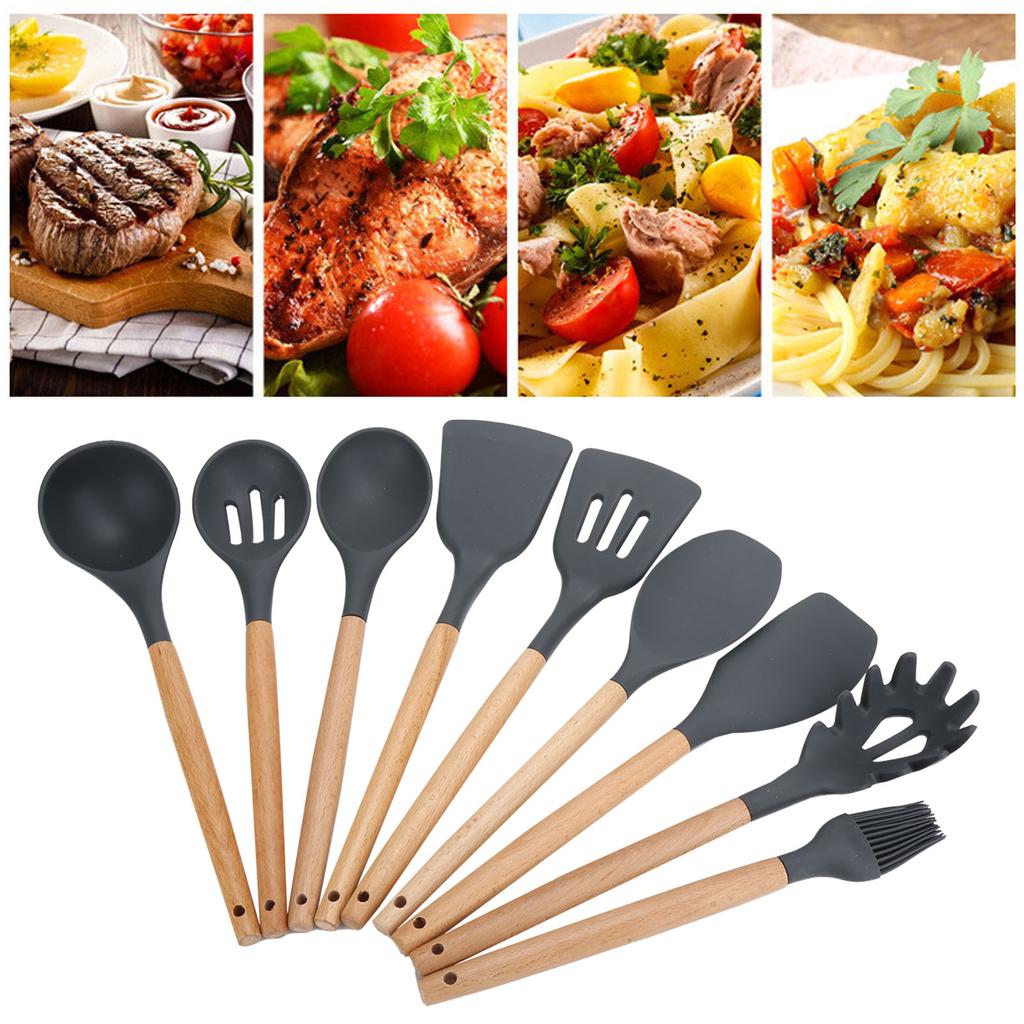 9Pcs Set Silicone Kitchenware Kit NonStick Cooking Utensils Baking Tool with Wooden Handle