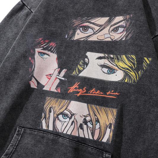 National Tide Brand Cartoon Animation Print Couple Sweater Men And Women Oversize Hip Hop Terry Hoodie