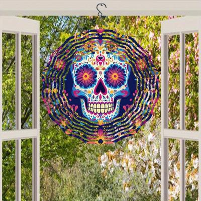 Vibrant Floral Skull Wind Chime for Outdoor Garden Decor Rotating 360 Degrees Metal Patio Accent Perfect for Thanksgiving Christmas Gift