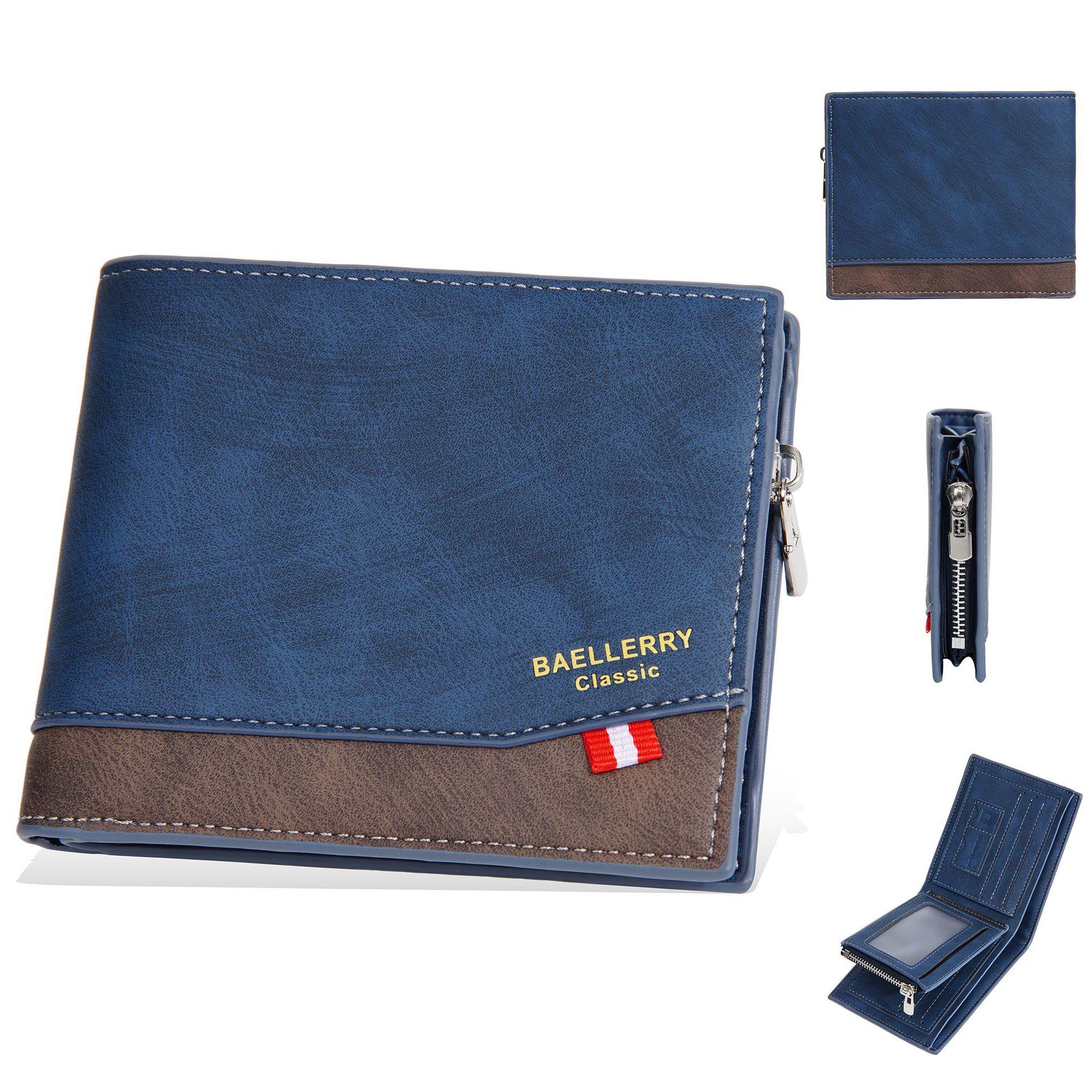 

Мужской винтажный короткий кошелек Baellerry с несколькими отделениями для карт, лоскутный держатель для карт, кошелек для монет на молнии синий