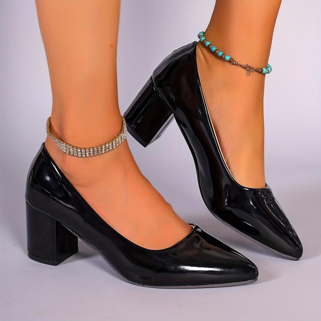 Vår nya mångsidiga tjockklack spetsiga högklackar grund mun lackläder arbete enkelskor dam mellanhög klack