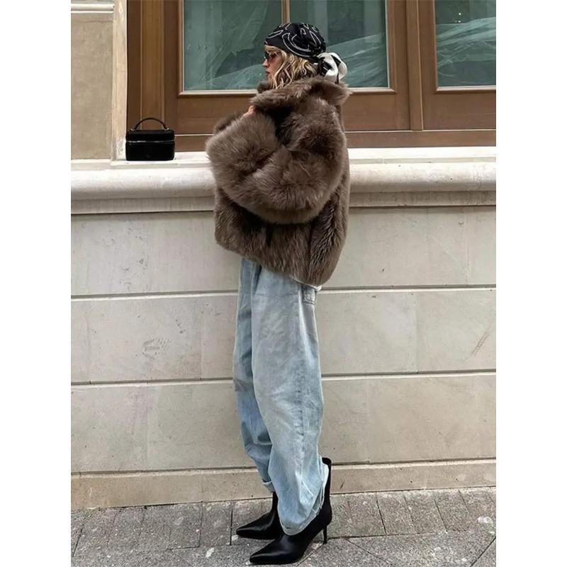 Revers Braun Damen Kurzmantel aus Kunstfell Luxuriös Flauschig Langärmlig Warme Jacke Herbst Winter Dame Einfarbig High Street Oberbekleidung