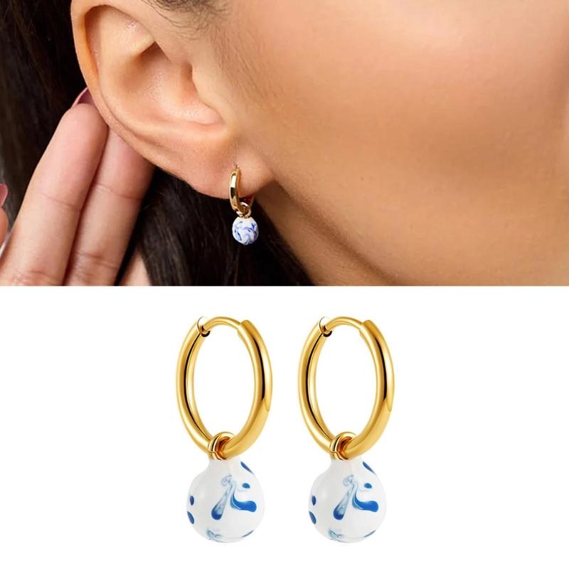 User Friendly Ceramic Ear Clip Blue Floral Pattern Dangle Earring Sturdy Copper Material Office And Casual Accessory