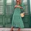 Women Dress Geometric Print Large Hem Autumn Bohemian Ruffles Long Dress for Beach