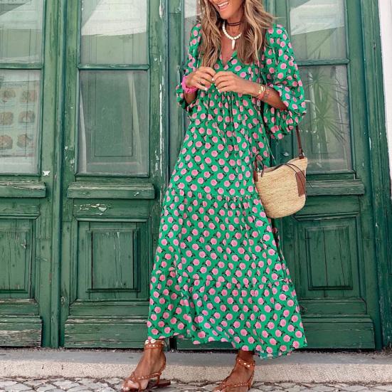 Women Dress Geometric Print Large Hem Autumn Bohemian Ruffles Long Dress for Beach
