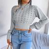 GMXIA Women's Fashion Casual Stripe Autumn Winter Long Sleeve Round Neck Slim Cut-out Lantern Sleeve Crop Knit Sweater
