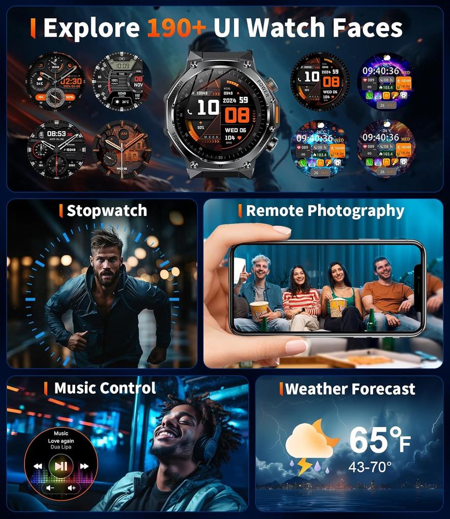 Military Smart Watch for Men 800mAh Smart Watches with LED Flashlight for Android/iOS Bluetooth Call Fitness Tracker with Heart Rate/Sleep Tracking