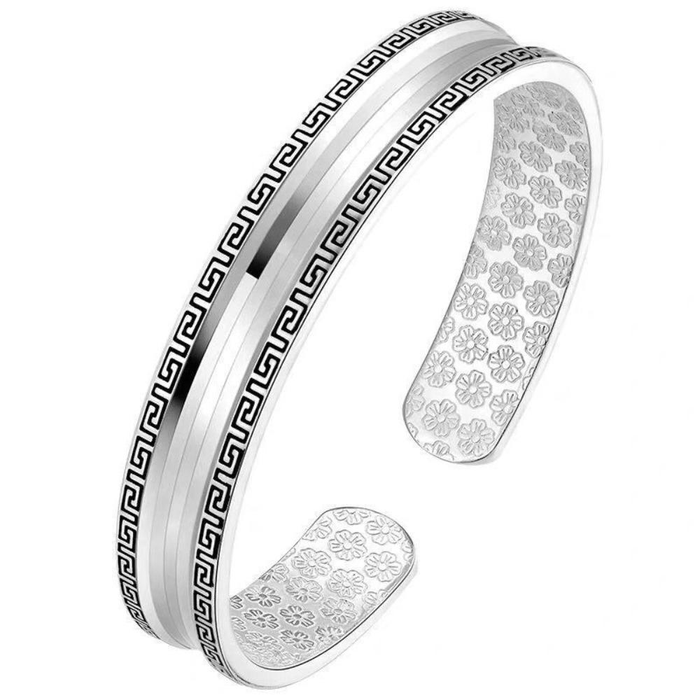 Mens Silver Plated Great Wall Design Bangle Retro Open Cuff Bracelet Gift for Him