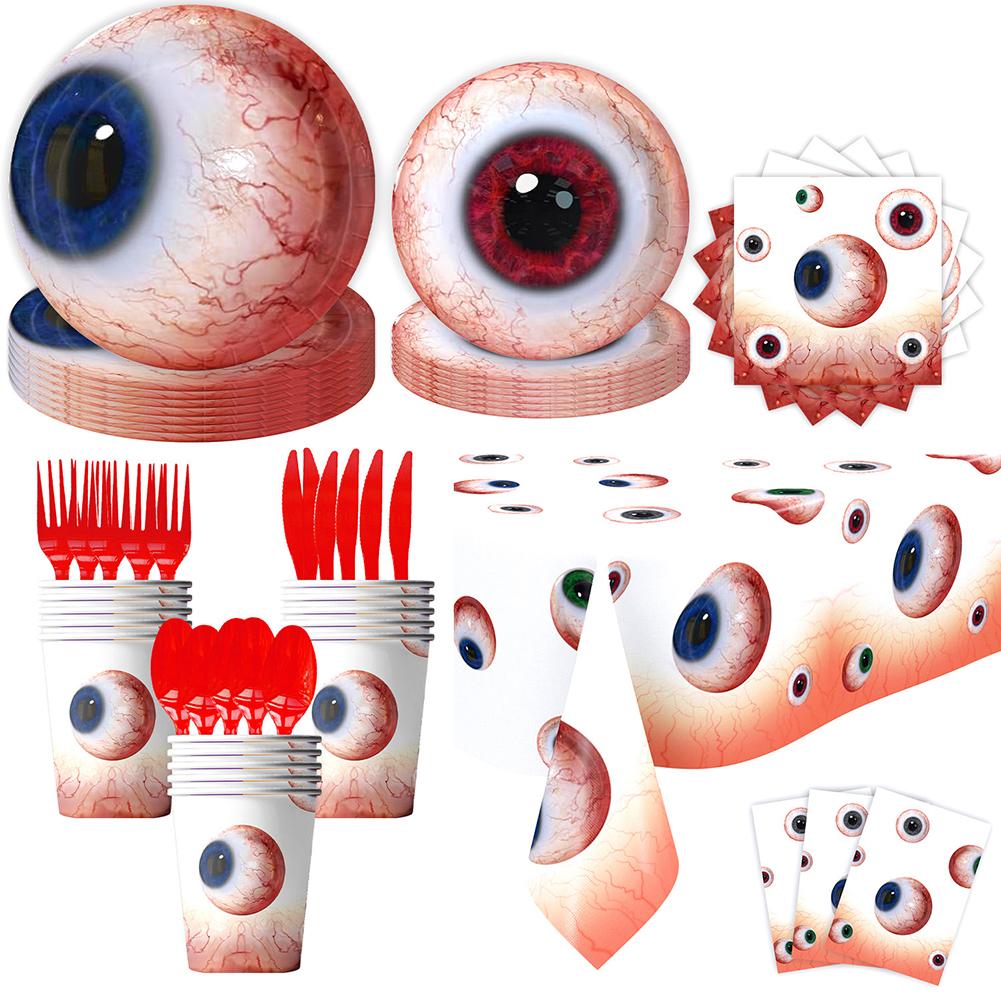 Halloween Eyeball Theme Party Supplies Set Scary Disposable Tableware Kit Plates/Napkins/Banner/Tablecloth Decor All-in-One Pack