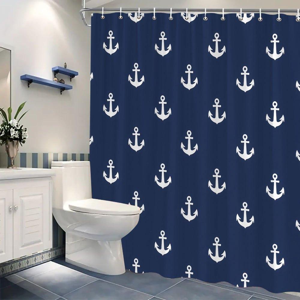 Mörkblå Ankare Duschdraperi - Klassiskt Sjöfartstema, Vita Ankare på Djupblått, Polyester med 12 Krokar,
