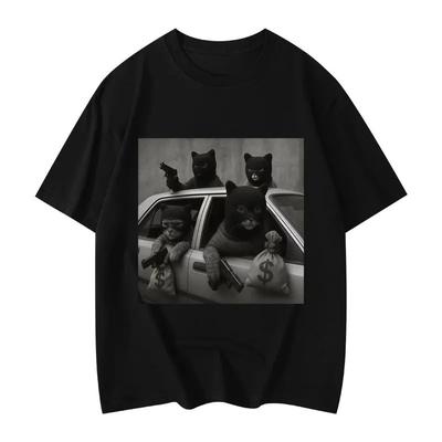 2025 Autumn and Winter American Men's and Women's Fun Cat Print T-shirt Pure Cotton Round Neck Comfortable High-quality T-shirt