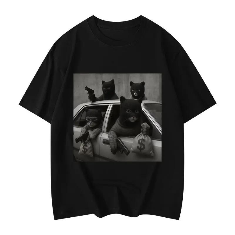 2025 Autumn and Winter American Men's and Women's Fun Cat Print T-shirt Pure Cotton Round Neck Comfortable High-quality T-shirt