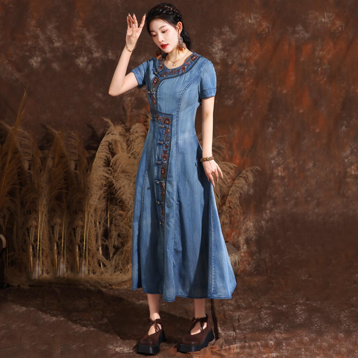 

Johnature летнее женское однобортное платье Cheongsam в китайском стиле с пряжкой в ​​винтажном ковбойском платье с вышивкой L темно-синий