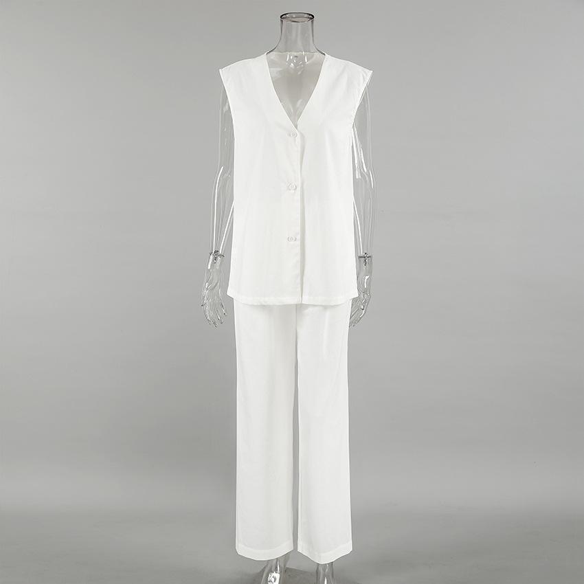 White V-neck Cotton and Linen Sleeveless Vest Vest Trousers Set 1116 European and American Spring and Summer Fashion New Two-piece Set Women