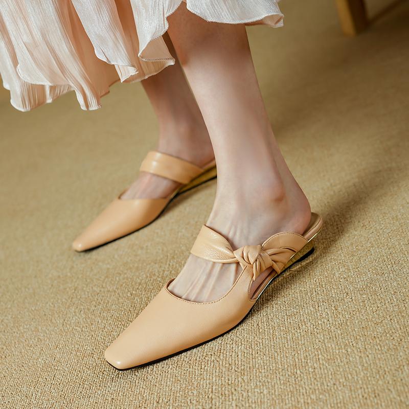 Fashion 2025 NEW Summer Women Mules Genuine Leather Women Shoes Square Toe Chunky Heel Cover Toe Slingback Sandals Modern Slippers