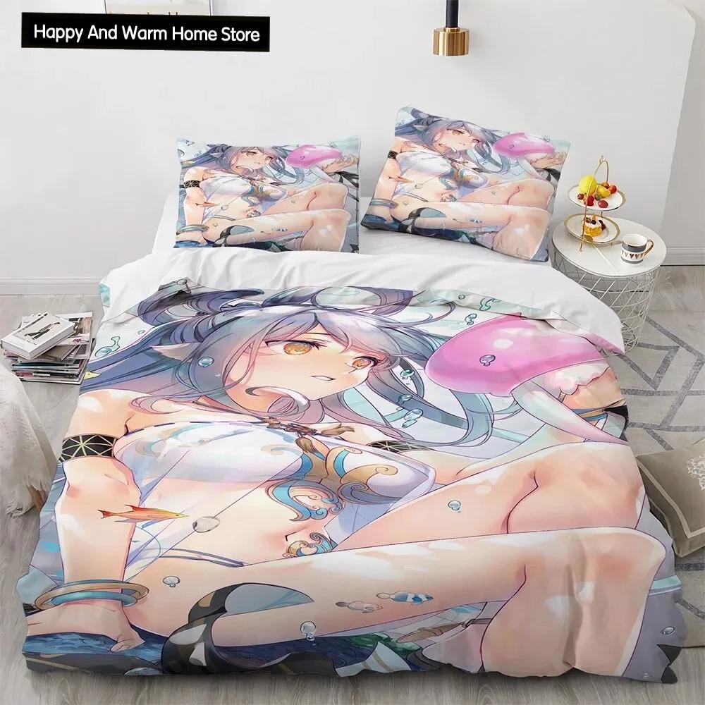 Set de lenjerie de pat pentru fete Kawaii Anime sexy, cuvertură de pilotă Set pat cuvertură husă de pilota pentru fată de pernă, King Queen Twin Size Băieți Fete Adulti