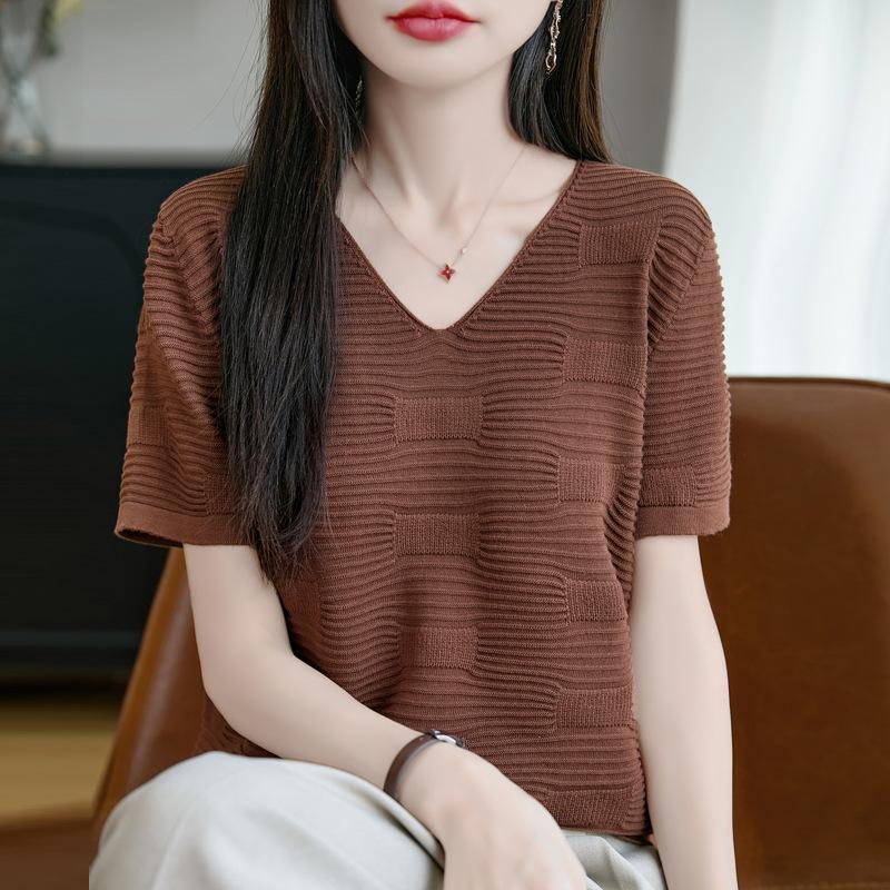 

Женская летняя футболка с V-образным вырезом из чистого хлопка, вязаная, с коротким рукавом, новая модная и универсальная, в горизонтальную полоску XXL коричневый