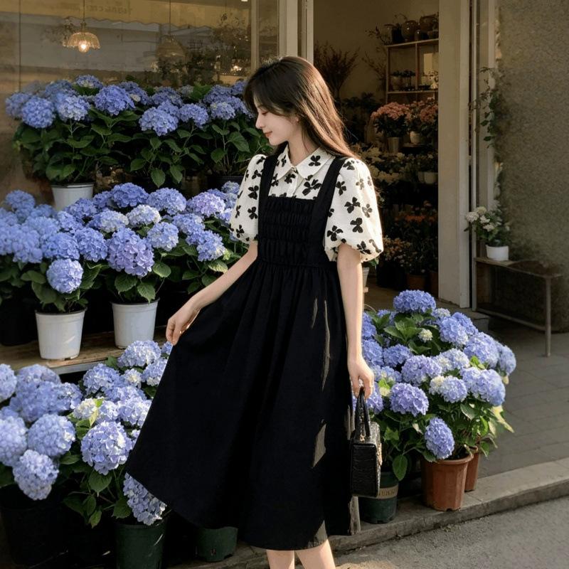 Large Size Fat MM French Elastic Waist Splicing Fake Two-piece College Style Dress Summer Thin Age-reducing Design Skirt