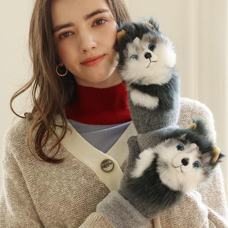 Women Winter Finger Mittens Ladies Plush Gloves Cartoon Animal Ragdoll Cat Panda Simulation Bunny Fur Warm Thick Aldult Glove