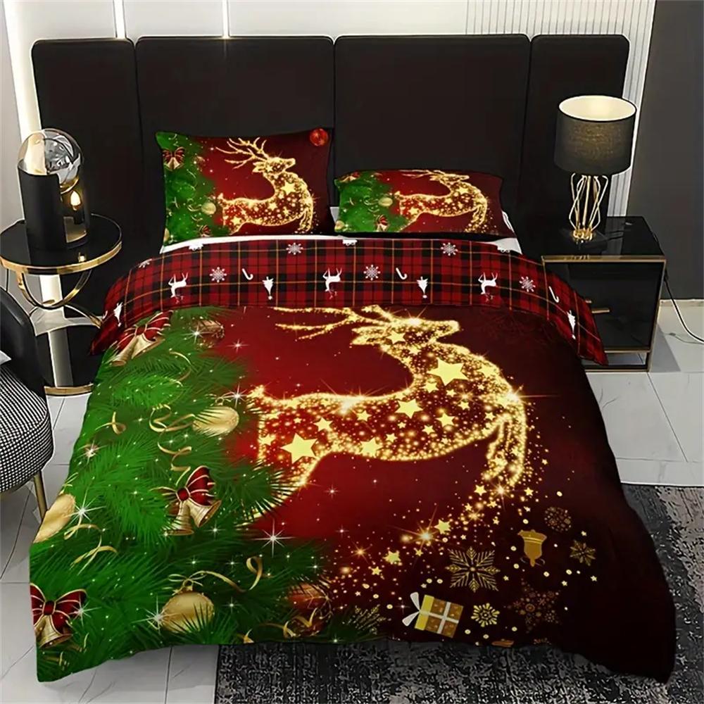 3pcs Christmas Bedding Set - Soft & Breathable Polyester, Includes 1 Duvet Cover and 2 Pillowcases with Festive Golden Star