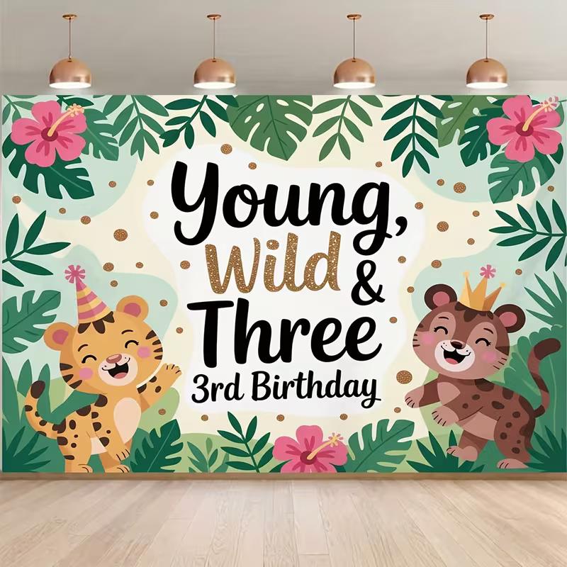 2D Young Wild & Three 3rd Birthday Backdrop Jungle Tiger Safari Photography Background Cloth 47.2x31.5inch/120*80cm