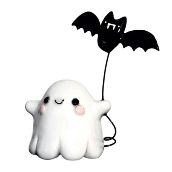 Cute Resin Ghost Statue Walking Dog Figurine, Holding Bat Balloon Statue, Spooky Halloween Children Room Desktop Decor Decor, Mini Stable Base
