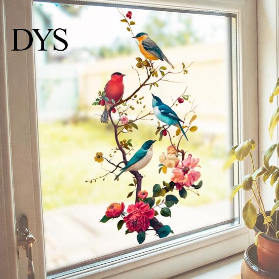 Creative Gifts for Window Decor Watercolor Bird And Flower Cling, Static PVC Waterproof Glass Sticker, Removable Art Pattern Stickers Decors,