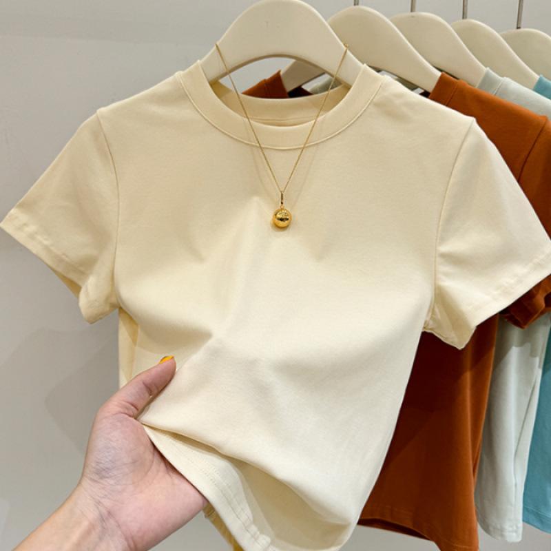 Summer Solid Color Spice Girl White Short-sleeved T-shirt Women's Korean Version Versatile Slim-fitting and Thin Round Neck Tight Bottoming Shirt