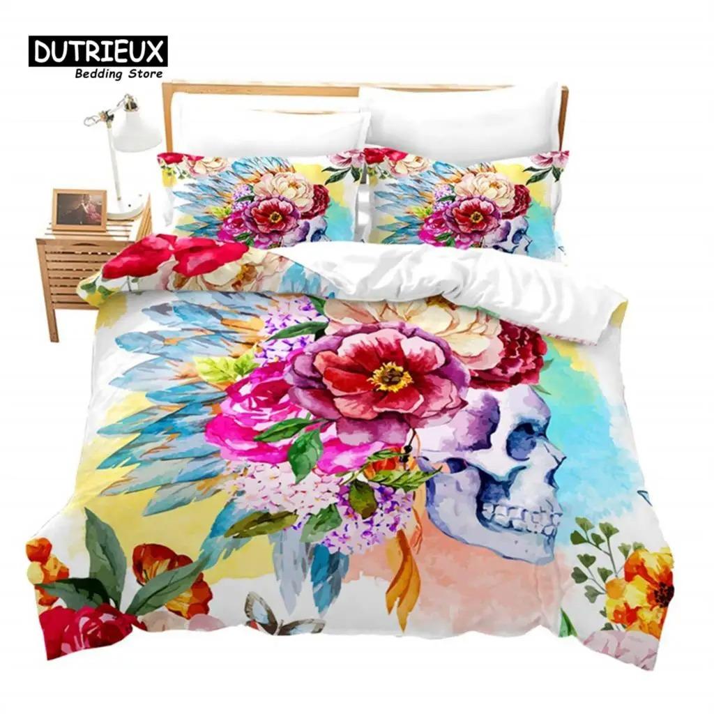 Dark Skull Duvet Cover Microfiber Gothic Skeleton Bedding Set Horror Theme Comforter Cover Queen For Teen Adults Bedroom Decor