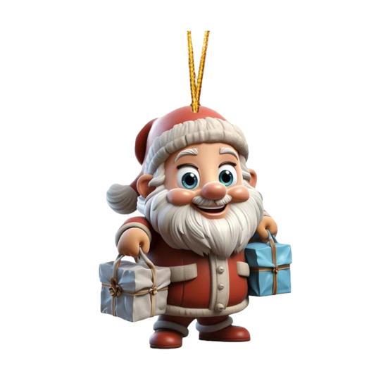 Christmas Ornament Smiling Santa Claus Holding Gift Pendant 3D Effect Acrylic Hanging Pendant Festive Home Decor