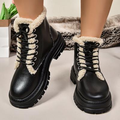 Fashion Imitation Lambswool Winter Ankle Boots for Women 2024 Plush Warm Pu Leather Booties Woman Lace Up Non Slip Platform Botas Mujer