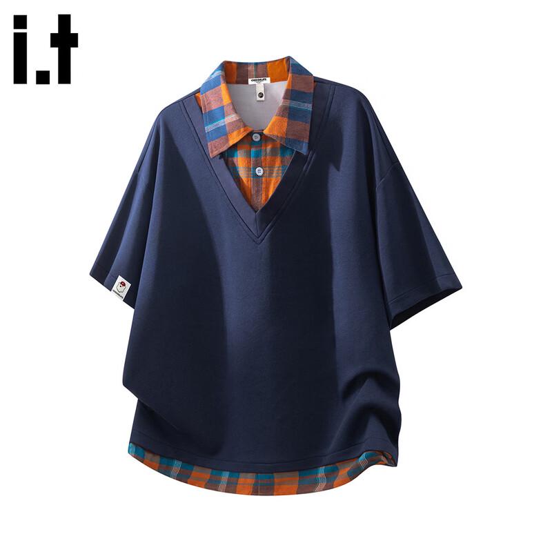 Men s Loose Fit Fake Two-Piece Plaid Polo Shirt S