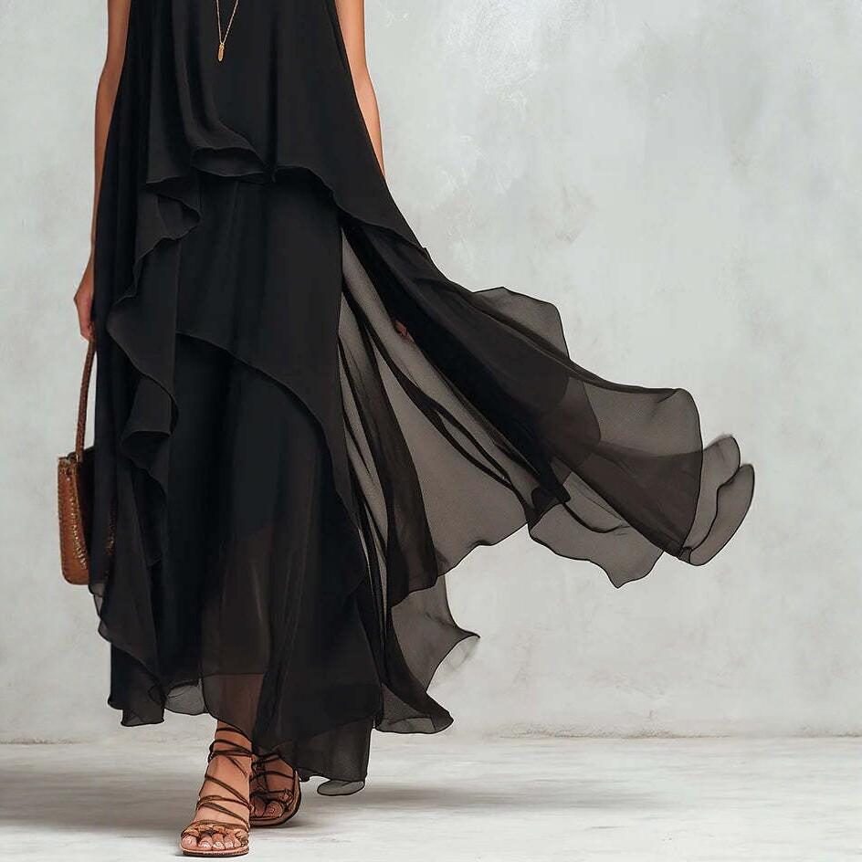 New European and American style black sleeveless irregular chiffon long dress temperament elegant dress women
